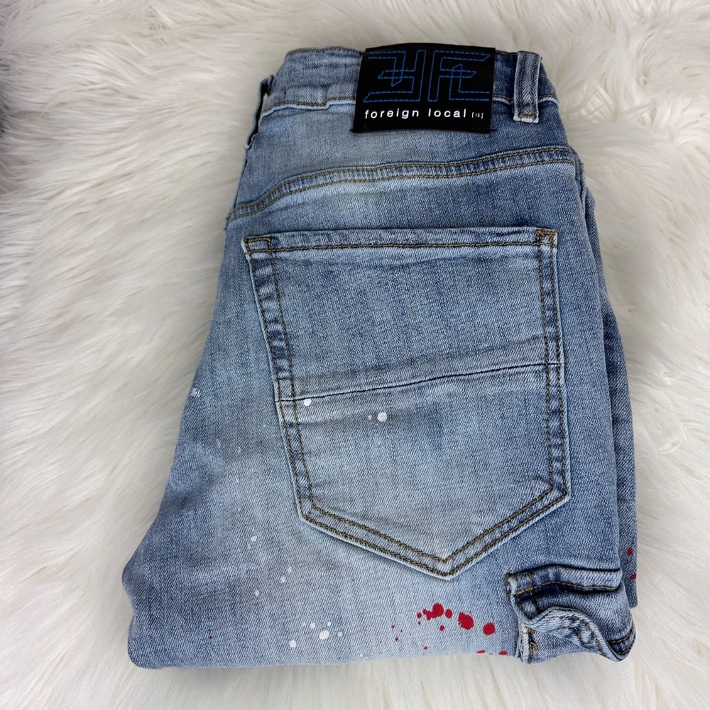 Mens Foreign Local Distressed Cargo Light Rinse Splatter Paint Denim Jeans 30